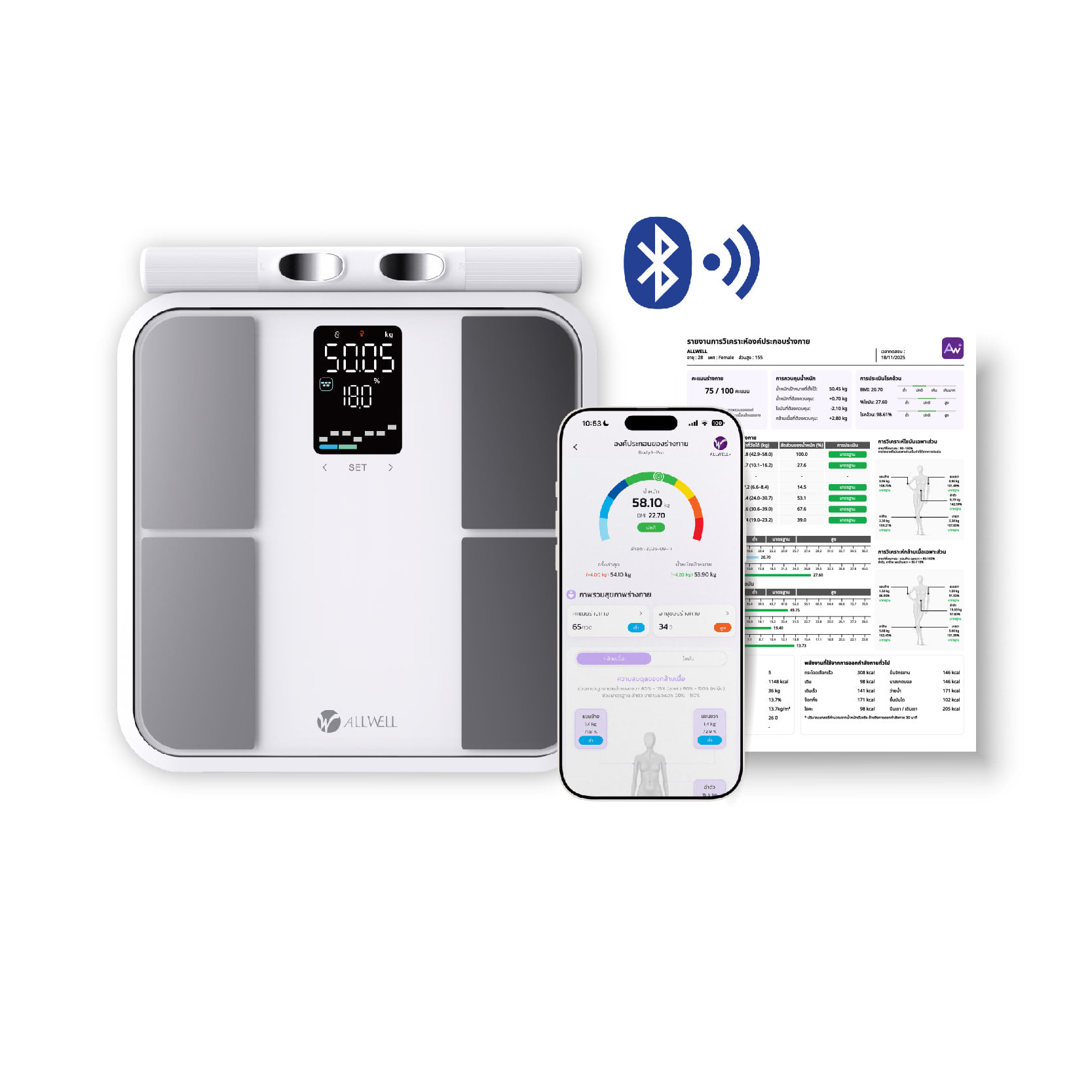 เครื่องชั่งน้ำหนักวัดมวลกาย ALLWELL รุ่น BODYA-PRO 8 อิเล็กโทรด วัดได้ 31 ค่า เชื่อมต่อแอปพลิเคชันได้ สีขาว_0